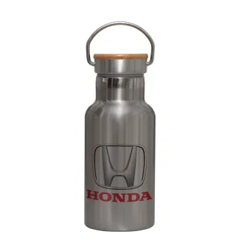 HONDA, Stainless steel metallic thermos flask, silver with a bamboo lid, double-walled, 350ml.
