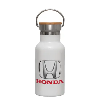 HONDA, Metallic thermos (Stainless steel) White with wooden lid (bamboo), double-walled, 350ml