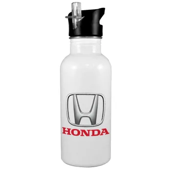 HONDA, White water bottle with straw, stainless steel 600ml