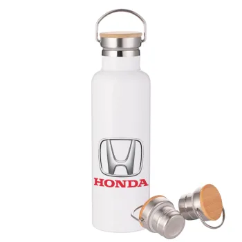 HONDA, Stainless steel White with wooden lid (bamboo), double wall, 750ml