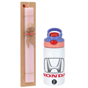 HONDA, Easter Set, Children's thermal stainless steel water bottle with safety straw, pink/purple (350ml) & Easter scented flat candle (30cm) (PINK)