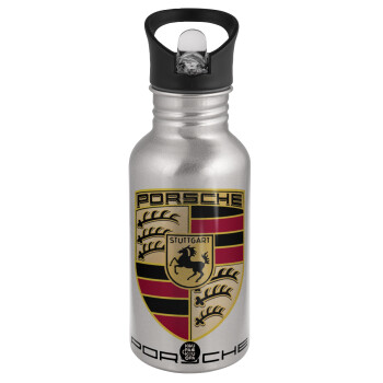 Porsche, Παγούρι νερού Ασημένιο με καλαμάκι, ανοξείδωτο ατσάλι 500ml