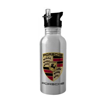 Porsche, Water bottle Silver with straw, stainless steel 600ml