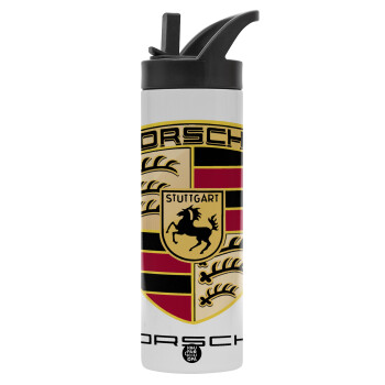 Porsche, Μεταλλικό παγούρι θερμός με καλαμάκι & χειρολαβή, ανοξείδωτο ατσάλι (Stainless steel 304), διπλού τοιχώματος, 600ml