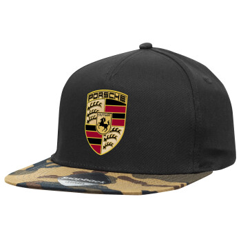 Porsche, Καπέλο Ενηλίκων Flat Snapback Μαύρο/Παραλαγή, (100% ΒΑΜΒΑΚΕΡΟ, ΕΝΗΛΙΚΩΝ, UNISEX, ONE SIZE)