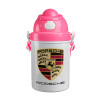 Porsche, Ροζ παιδικό παγούρι πλαστικό (BPA-FREE) με καπάκι ασφαλείας, κορδόνι και καλαμάκι, 400ml