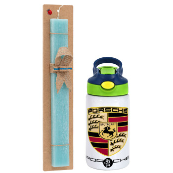 Porsche, Πασχαλινή Λαμπάδα με Παιδικό παγούρι θερμό, ανοξείδωτο, με καλαμάκι ασφαλείας, πράσινο/μπλε (350ml) & κερί αρωματικό πλακέ (30cm) (ΤΙΡΚΟΥΑΖ)