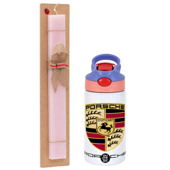 Porsche, Easter Set, Children's thermal stainless steel water bottle with safety straw, pink/purple (350ml) & Easter scented flat candle (30cm) (PINK)