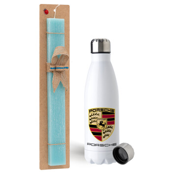 Porsche, Easter Set, metallic stainless steel water bottle (750ml) & aromatic flat Easter candle (30cm) (TURQUOISE)