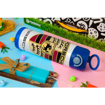 Porsche, Easter candle, Childrens hot water bottle, stainless steel, with safety straw, BLUE (500ml)