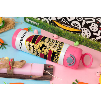 Porsche, Easter candle, Childrens hot water bottle, stainless steel, with safety straw, PINK (500ml)