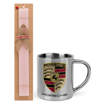 Porsche, Easter Set, metallic thermal cup (300ml) & aromatic flat Easter candle (30cm) (PINK)