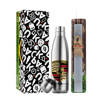 Porsche, Easter Set, metallic stainless thermos flask (500ml) & scented flat Easter candle (30cm) (GRAY)