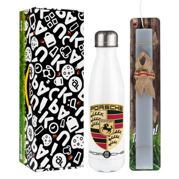 Porsche, Easter candle, metallic white thermos bottle (500ml) & aromatic flat candle (30cm) (GRAY)