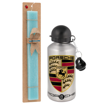 Porsche, Easter Set, metallic silver aluminum water bottle (500ml) & scented flat Easter candle (30cm) (TURQUOISE)