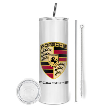 Porsche, Eco friendly ποτήρι θερμό (tumbler) από ανοξείδωτο ατσάλι 600ml, με μεταλλικό καλαμάκι & βούρτσα καθαρισμού