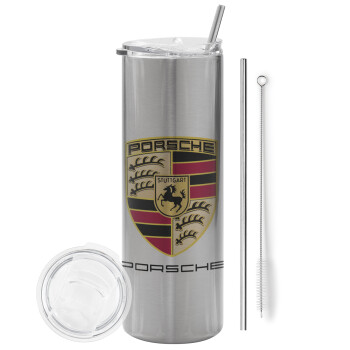 Porsche, Eco friendly ποτήρι θερμό Ασημένιο (tumbler) από ανοξείδωτο ατσάλι 600ml, με μεταλλικό καλαμάκι & βούρτσα καθαρισμού