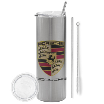 Porsche, Tumbler stainless steel Silver 600ml, with metal straw & cleaning brush