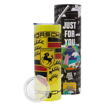 Porsche, Neon Yellow Travel Tumbler θερμό, μεταλλικό καλαμάκι(Ανωξείδωτο 304 Food grade, BPA free, 600ml)