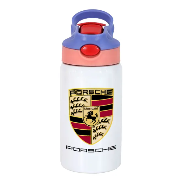 Porsche — Παιδικό παγούρι θερμό, ανοξείδωτο, με καλαμάκι ασφαλείας, ροζ/μωβ (350ml)