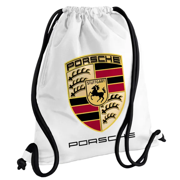 Porsche — Τσάντα πλάτης πουγκί GYMBAG λευκή, με τσέπη (40x48cm) & χονδρά κορδόνια
