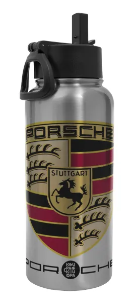 Porsche — Μεταλλικό παγούρι θερμός Silver με καλαμάκι και χερούλι (Stainless steel), διπλού τοιχώματος, 950ml