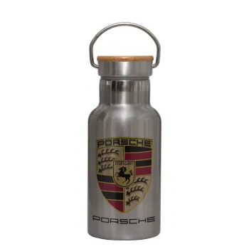Porsche, Stainless steel metallic thermos flask, silver with a bamboo lid, double-walled, 350ml.