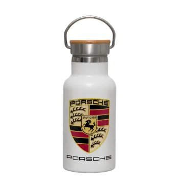 Porsche, Metallic thermos (Stainless steel) White with wooden lid (bamboo), double-walled, 350ml
