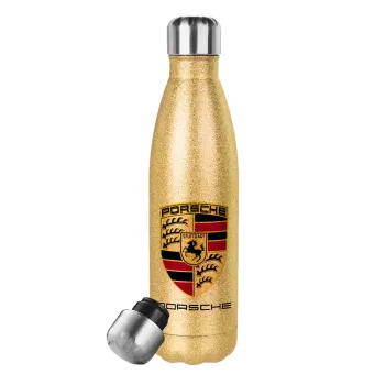 Porsche, Glitter gold stainless steel thermos bottle, double-walled, 500ml