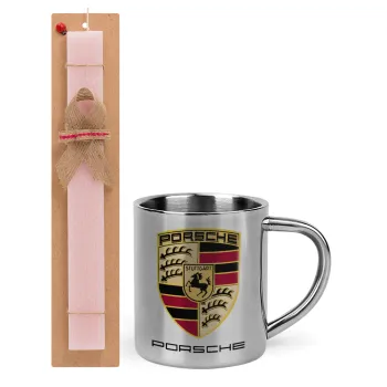 Porsche, Easter Set, metallic thermal cup (300ml) & aromatic flat Easter candle (30cm) (PINK)