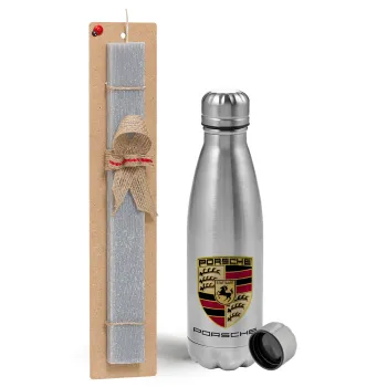 Porsche, Easter Set, metallic Inox water bottle (750ml) & aromatic flat Easter candle (30cm) (GRAY)