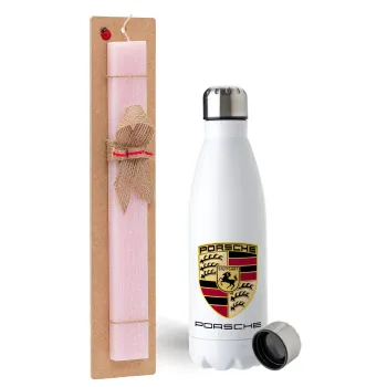 Porsche, Easter Set, metallic stainless steel water bottle (750ml) & scented flat Easter candle (30cm) (PINK)