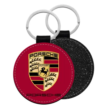 Porsche, Μπρελόκ Δερματίνη, στρογγυλό ΜΑΥΡΟ (5cm)