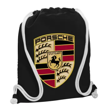 Porsche, Backpack pouch GYMBAG Black, with pocket (40x48cm) & thick white cords
