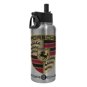 Porsche, Metal mug thermo Silver with Straw and Spout Lid (Stainless steel), double wall, 950ml