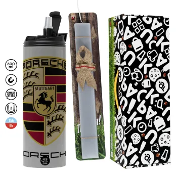 Porsche, Πασχαλινή Λαμπάδα με Travel Tumbler θερμό (600ml, BPA free) & κερί αρωματικό πλακέ (30cm) (ΓΚΡΙ)