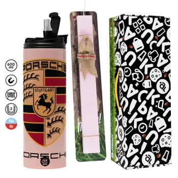 Porsche, Πασχαλινή Λαμπάδα με  ΡΟΖ Travel Tumbler θερμό (600ml, BPA free) & κερί αρωματικό πλακέ (30cm) (ΡΟΖ)