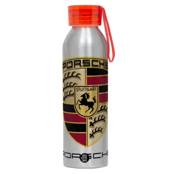 Porsche, Αλουμινένιο Αθλητικό Μπουκάλι 650ml – Ασημί με Κόκκινο Καπάκι και Λουράκι Σιλικόνης