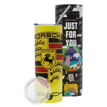 Porsche, Neon Yellow Travel Tumbler θερμό, μεταλλικό καλαμάκι(Ανωξείδωτο 304 Food grade, BPA free, 600ml)