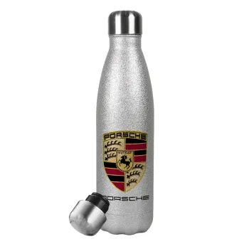 Porsche, Μεταλλικό παγούρι θερμός Glitter Aσημένιο (Stainless steel), διπλού τοιχώματος, 500ml
