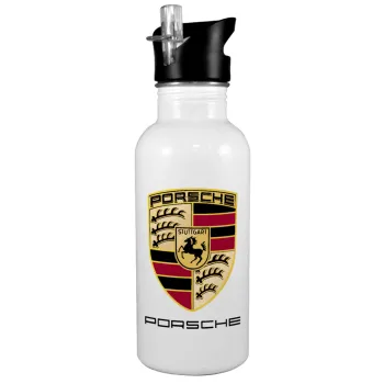 Porsche, White water bottle with straw, stainless steel 600ml