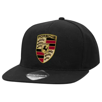 Porsche, Καπέλο Ενηλίκων Flat Snapback Μαύρο, (100% ΒΑΜΒΑΚΕΡΟ TWILL, ΕΝΗΛΙΚΩΝ, UNISEX, ONE SIZE)