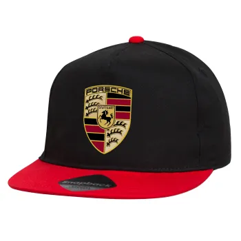 Porsche, Children's Flat Snapback Hat, Black/Red (100% COTTON, CHILDREN'S, UNISEX, ONE SIZE)