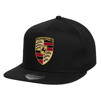 Porsche, Children's Flat Snapback Hat, Black (100% COTTON, CHILD, UNISEX, ONE SIZE)