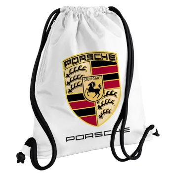 Porsche, Backpack pouch GYMBAG white, with pocket (40x48cm) & thick cords