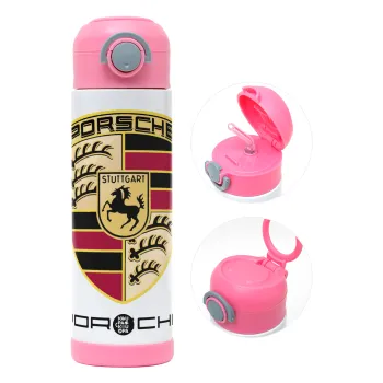 Porsche, Children's hot water bottle, stainless steel, with safety straw, PINK (500ml)