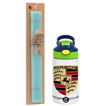 Porsche, Easter Set, Children's thermal stainless steel bottle with safety straw, green/blue (350ml) & aromatic flat Easter candle (30cm) (TURQUOISE)