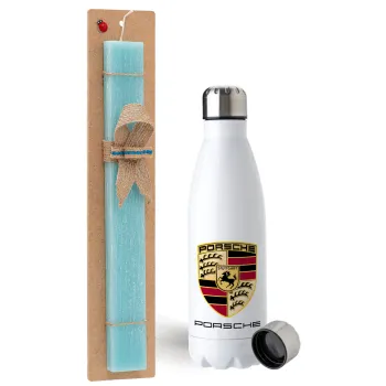 Porsche, Easter Set, metallic stainless steel water bottle (750ml) & aromatic flat Easter candle (30cm) (TURQUOISE)