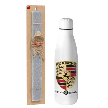 Porsche, Πασχαλινή Λαμπάδα με μεταλλικό παγούρι θερμός ανοξείδωτο (500ml) & κερί αρωματικό πλακέ (30cm) (ΓΚΡΙ)