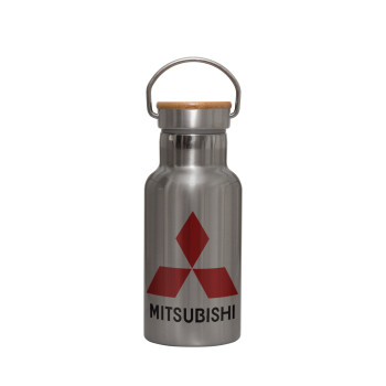 mitsubishi, Μεταλλικό παγούρι θερμός (Stainless steel) Ασημένιο με ξύλινο καπακι (bamboo), διπλού τοιχώματος, 350ml